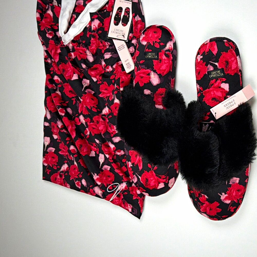 Victoria's Secret Floral Faux Fur Slip-On Slide Slippers Size 7-8 w bag